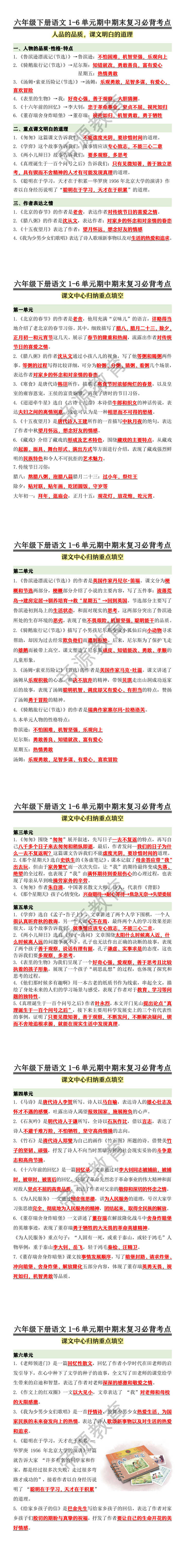 六年级下册语文1-6单元期中期末复习必背考点