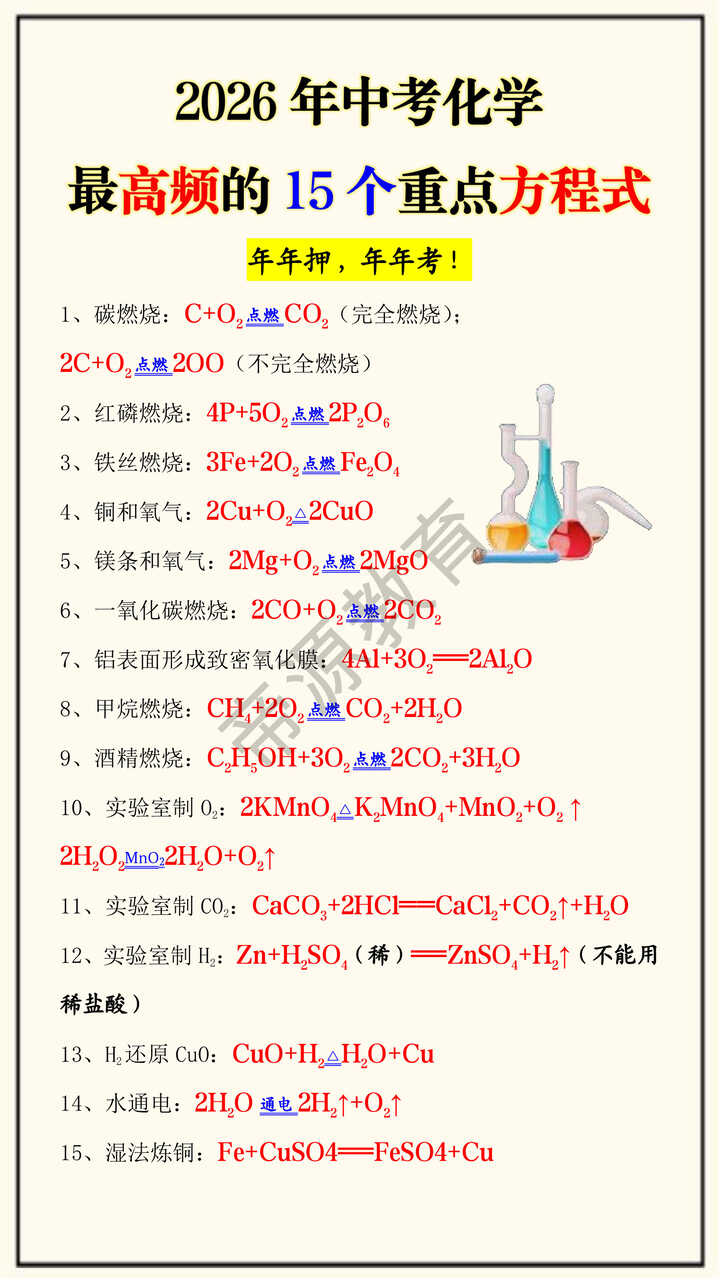 2026年中考化学最高频的15个重点方程式
