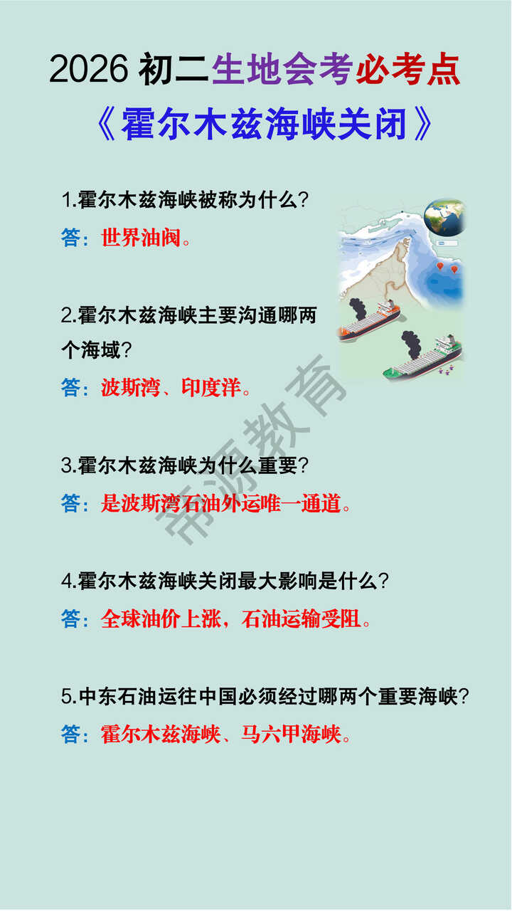 2026初二生地会考必考点《霍尔木兹海峡关闭》