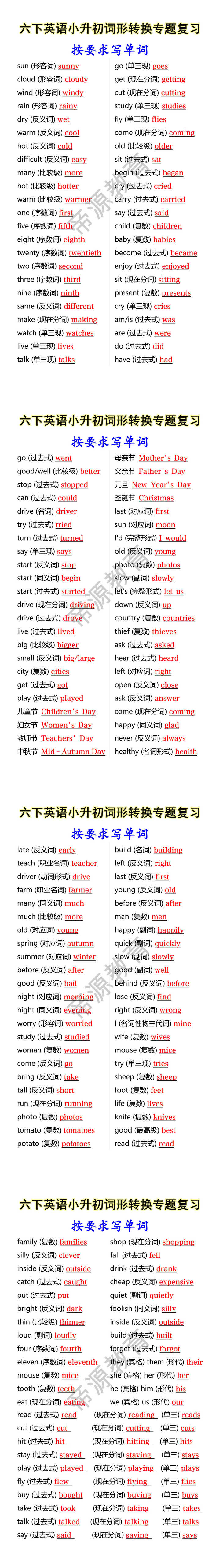 六下英语小升初词形转换专题复习