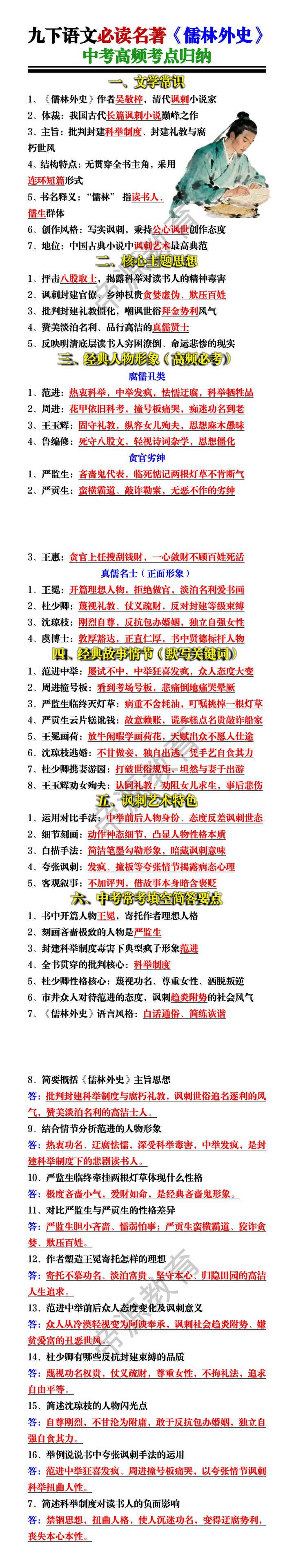 九下语文必读名著《儒林外史》 中考高频考点归纳