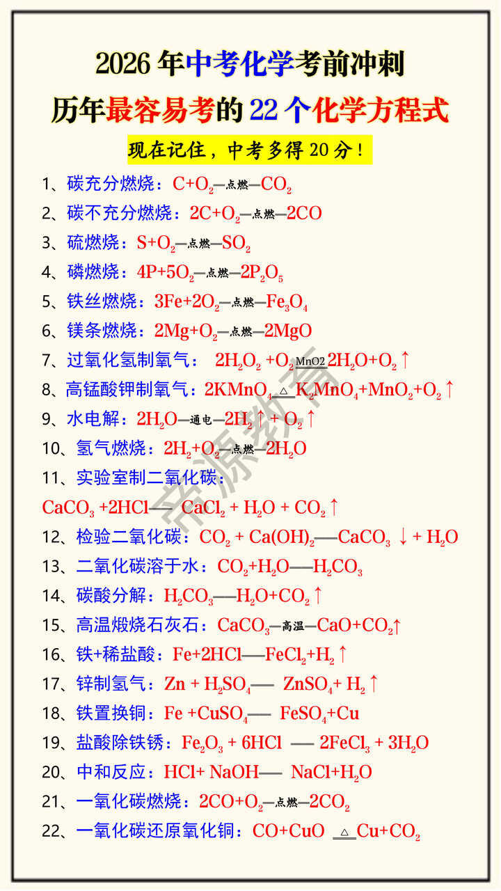 2026年中考化学考前冲刺历年最容易考的22个化学方程式 2026年中考化学考前冲刺历年最容易考的22个化学方程式