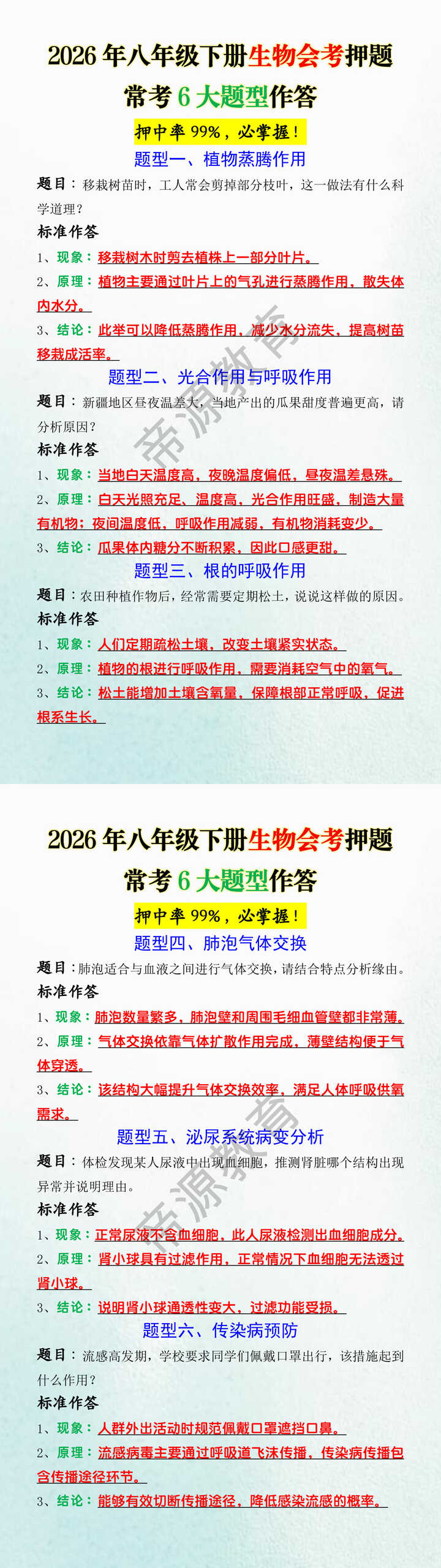 2026年八年级下册生物会考押题常考6大题型作答