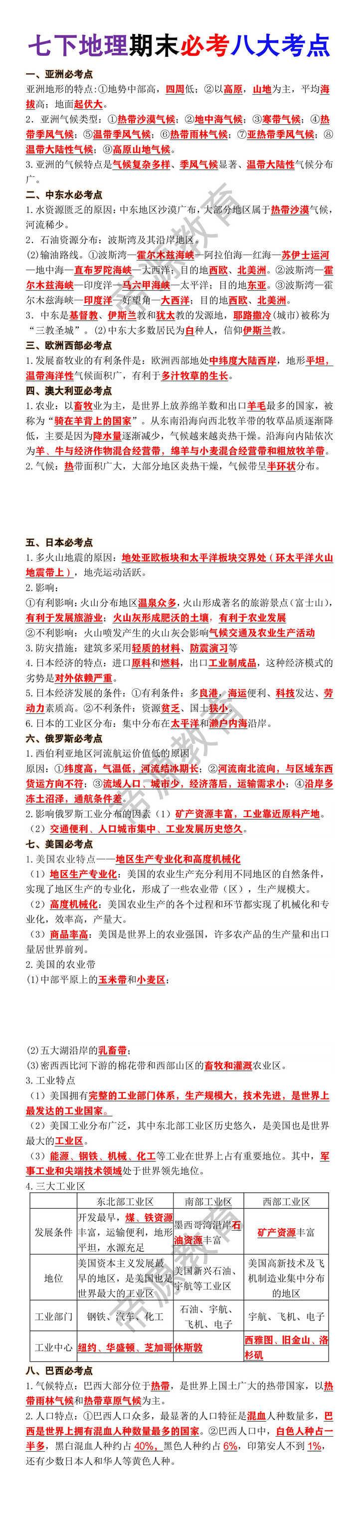 七年级下册地理期末必考八大考点