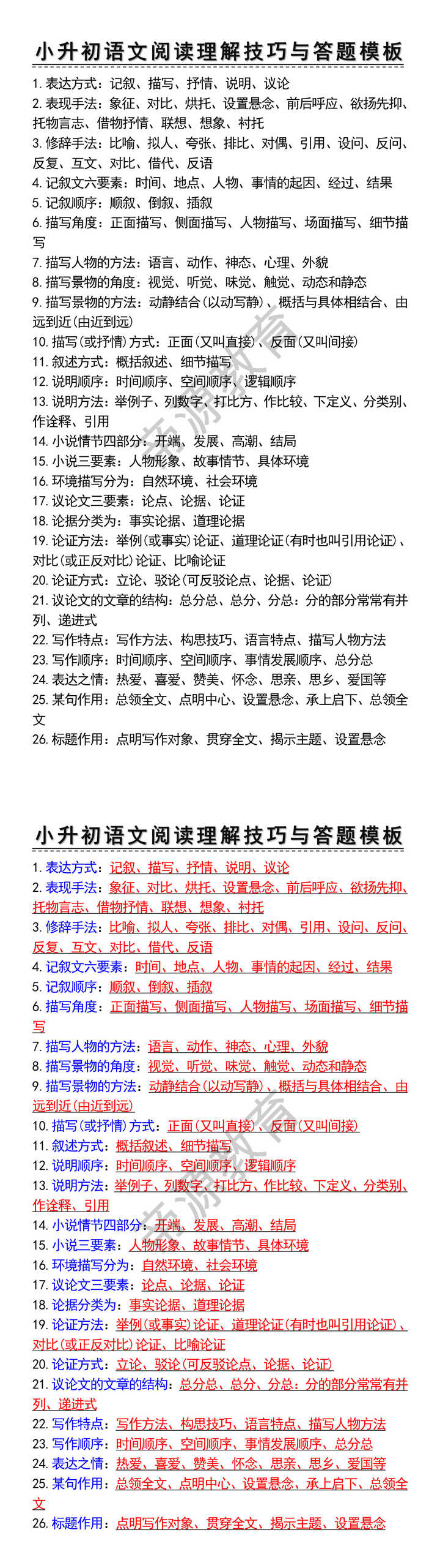 小升初语文阅读理解技巧与答题模板