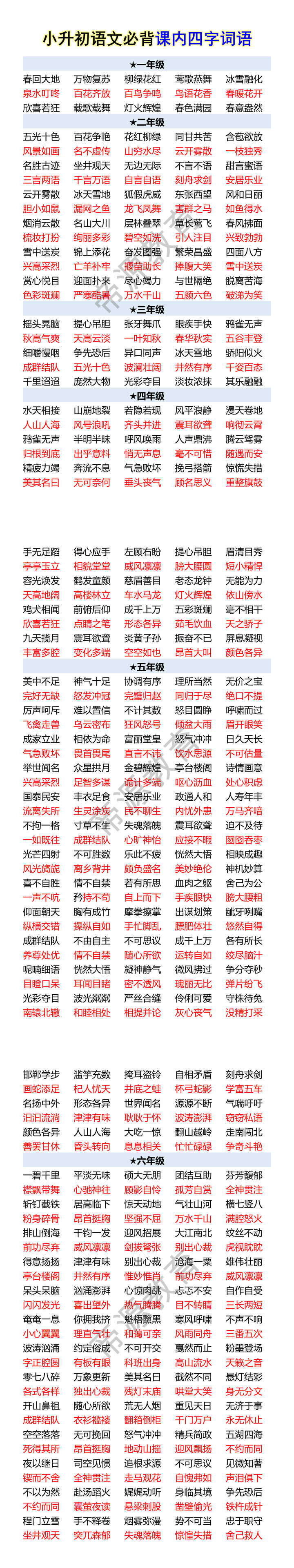小升初语文必背课内四字词语