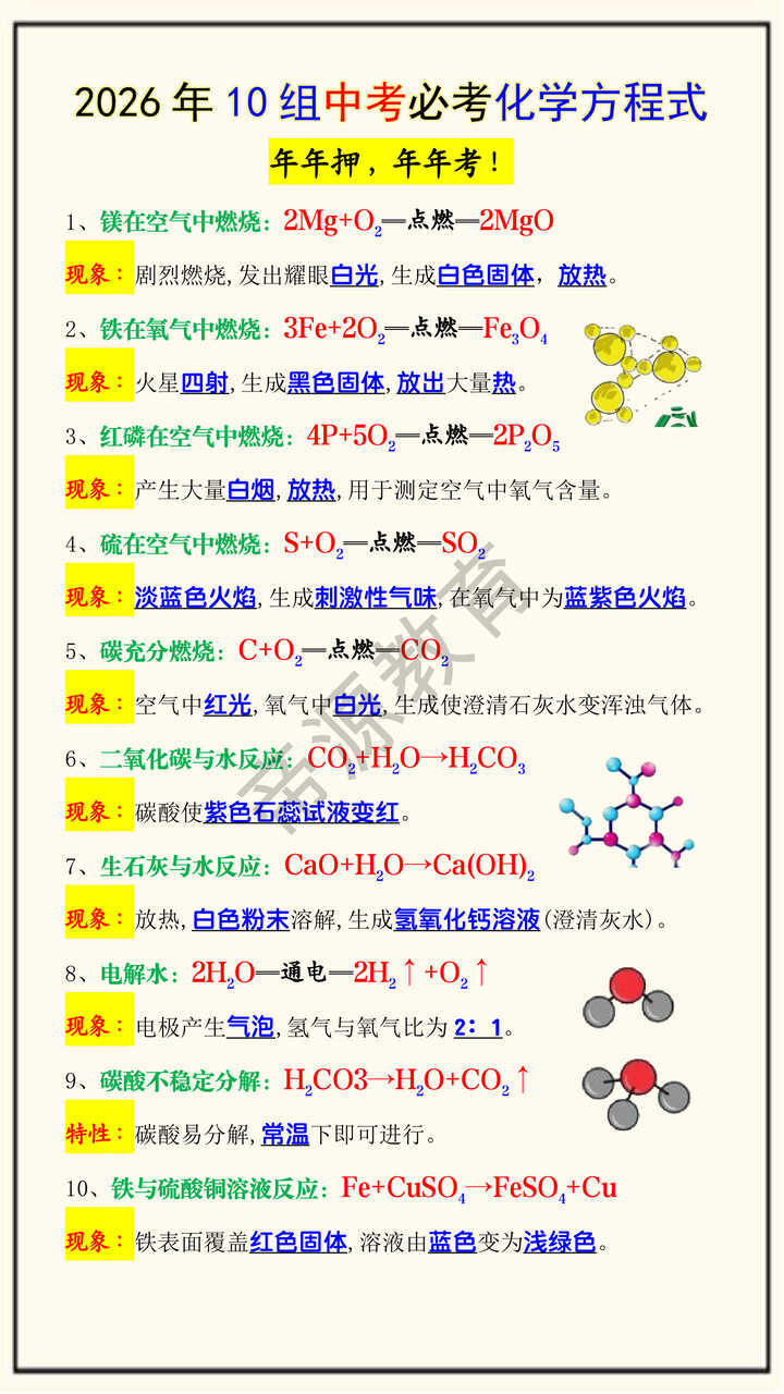 2026年10组中考必考化学方程式 2026年10组中考必考化学方程式