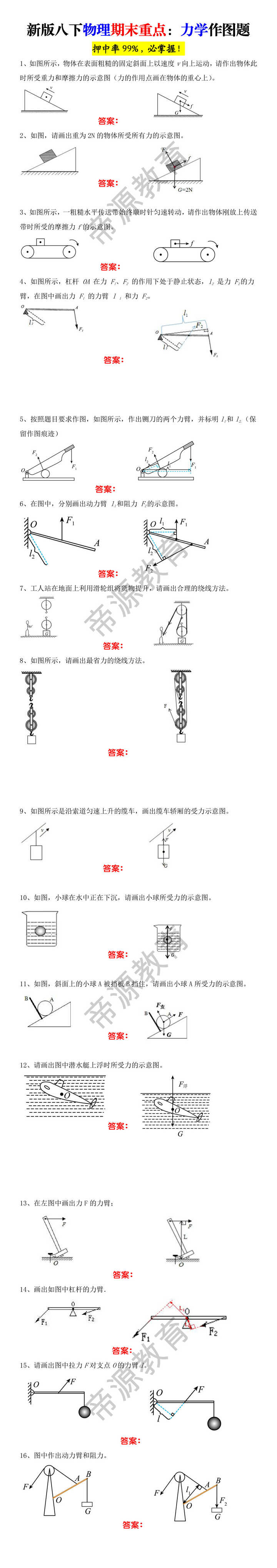 新版八下物理期末重点：力学作图题