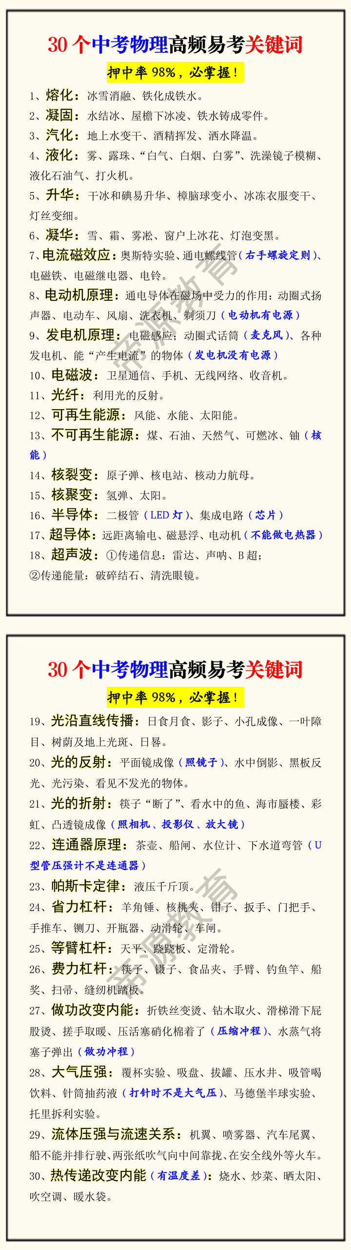 30个中考物理高频易考关键词