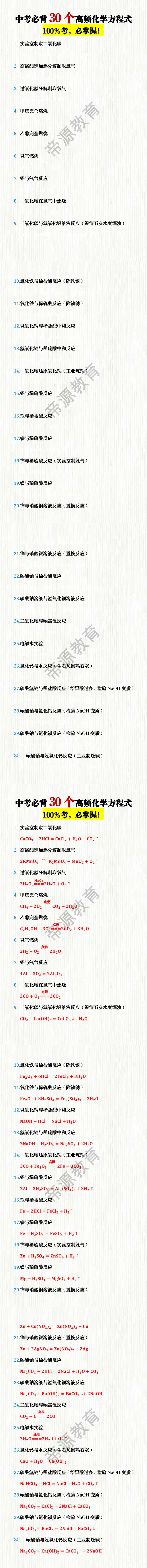 中考必背30个高频化学方程式