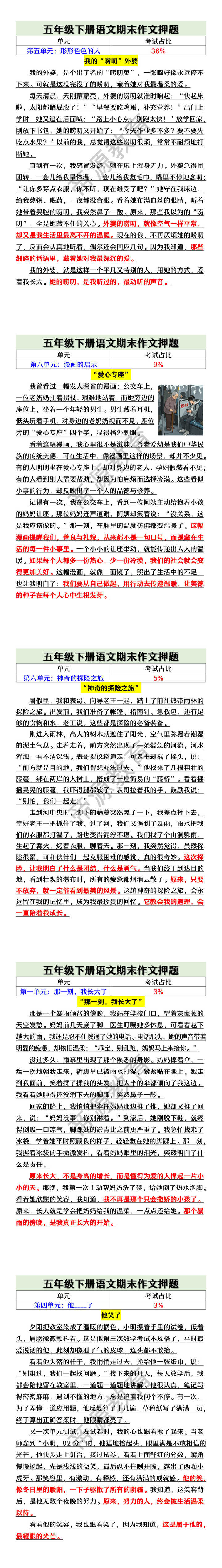 五年级下册语文期末作文押题