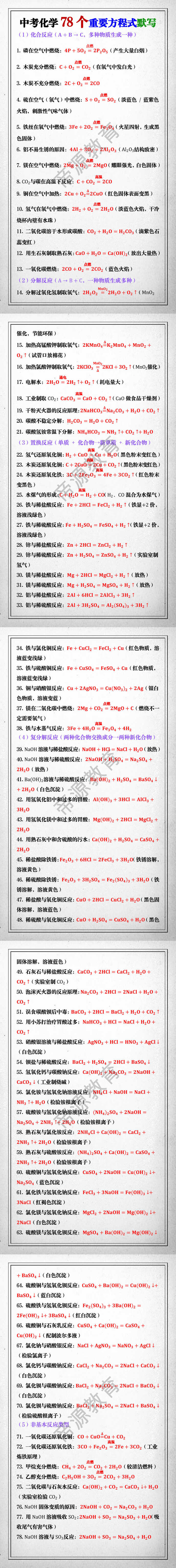 中考化学78个重要方程式默写