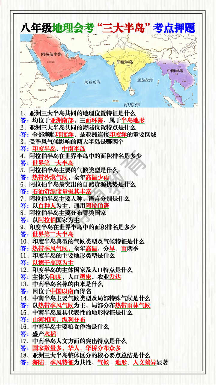 八年级地理会考“三大半岛”考点押题