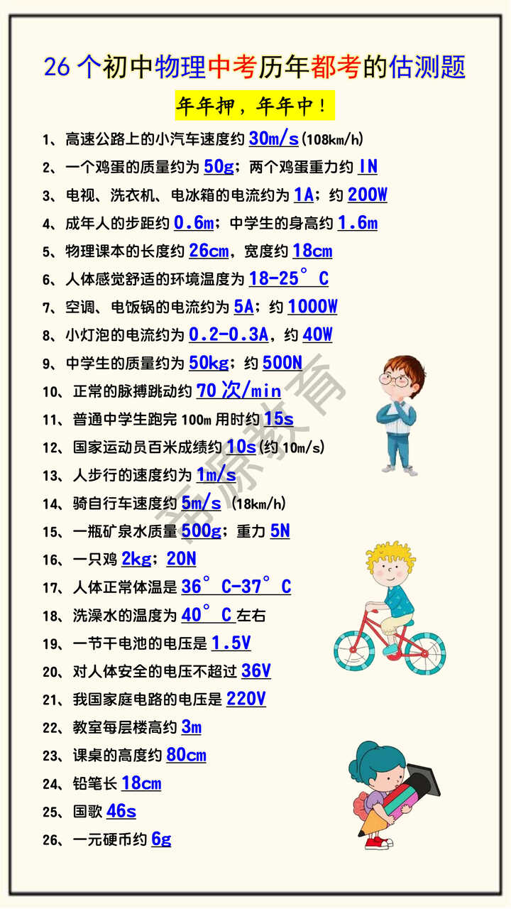 26个初中物理中考历年都考的估测题