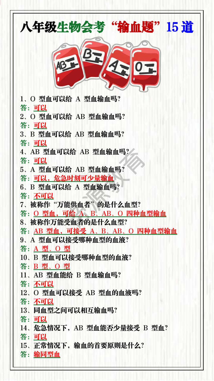 八年级生物会考“输血题”15道