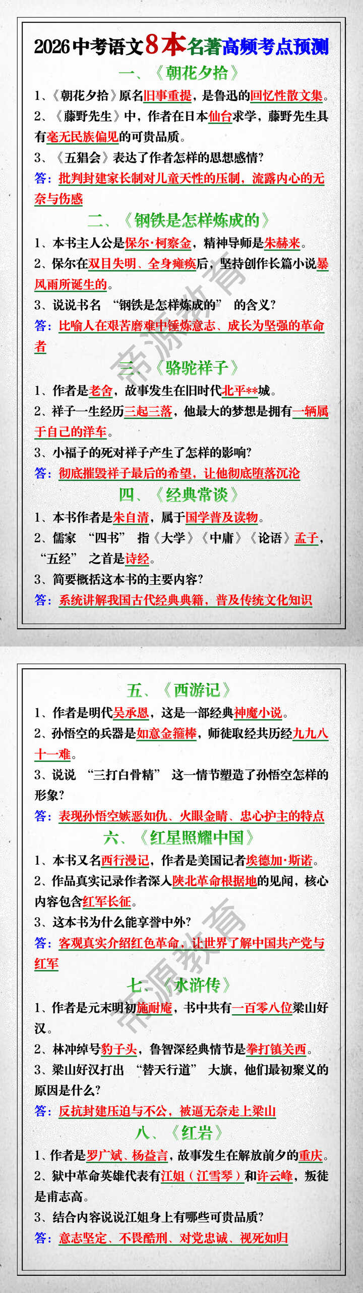 2026中考语文8本名著高频考点预测 2026中考语文8本名著高频考点预测