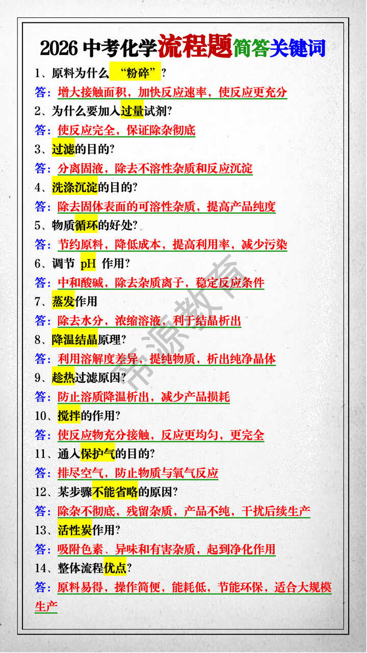 2026中考化学流程题简答关键词 2026中考化学流程题简答关键词