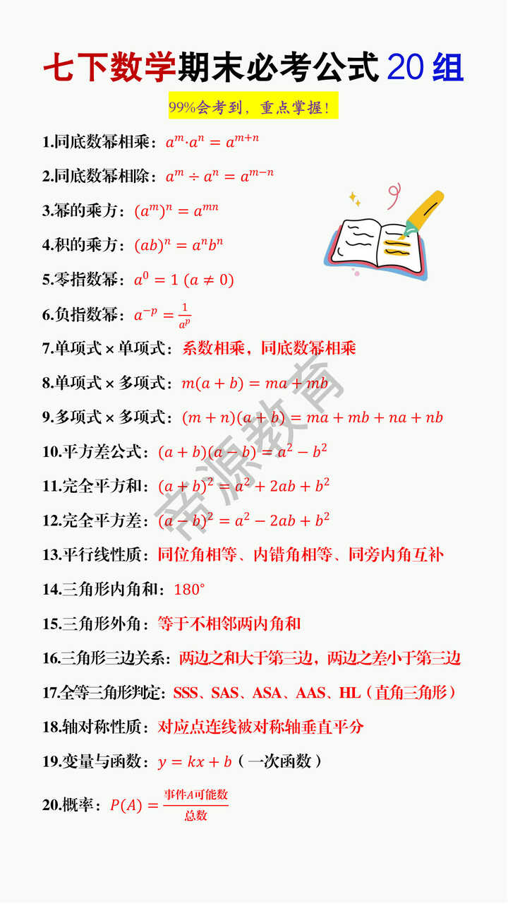七年级下册数学期末必考公式20组