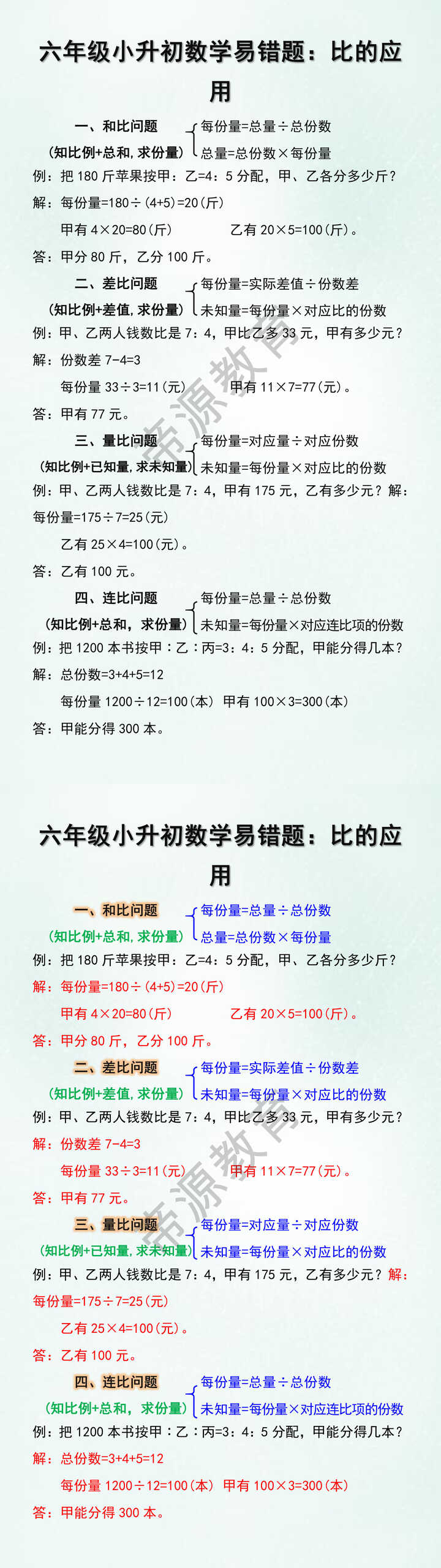 六年级小升初数学易错题：比的应用