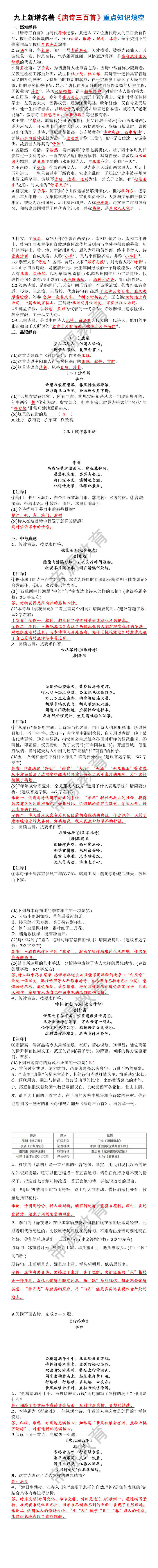 九年级上册语文新增名著《唐诗三百首》重点知识填空