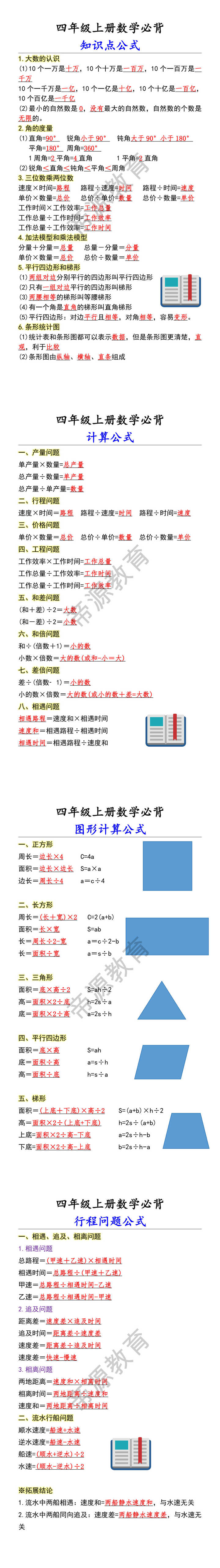 四年级上册数学必背 知识点公式
