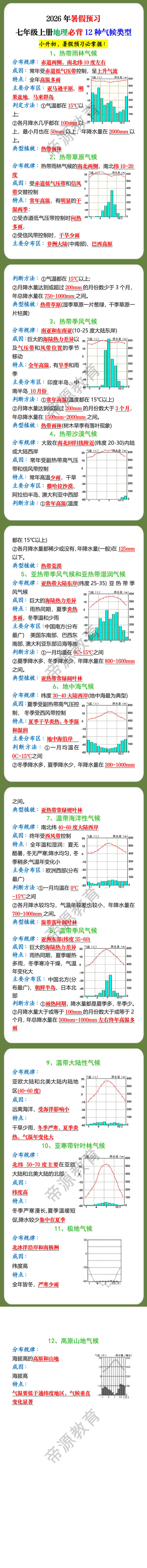 2026年暑假预习七年级上册地理必背12种气候类型