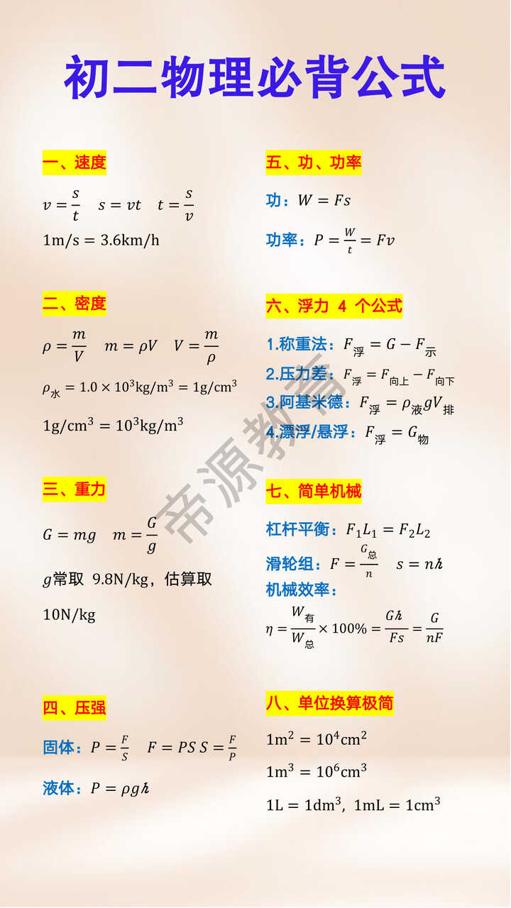 八年级上册物理必背公式