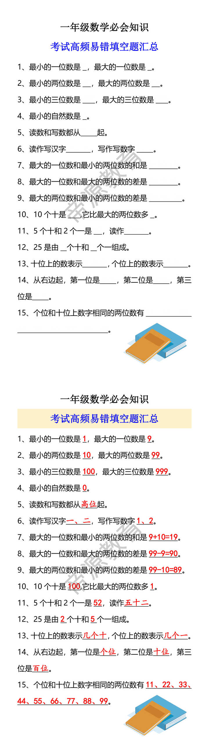 一年级数学必会知识 考试高频易错填空题汇总