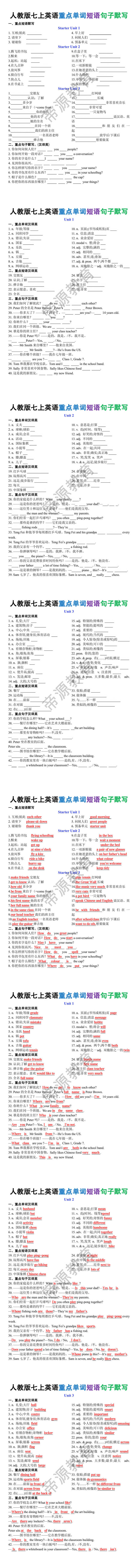 人教版七上英语期中重点单词短语句子默写