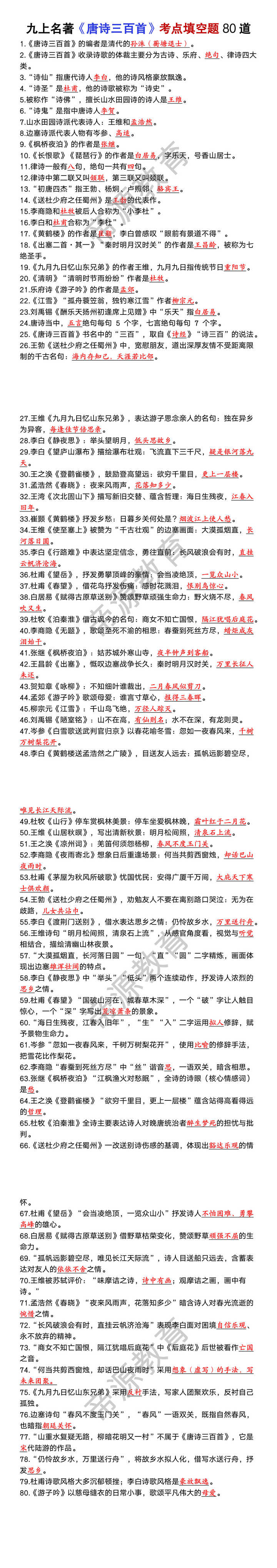九年级上册必读名著《唐诗三百首》考点填空题80道