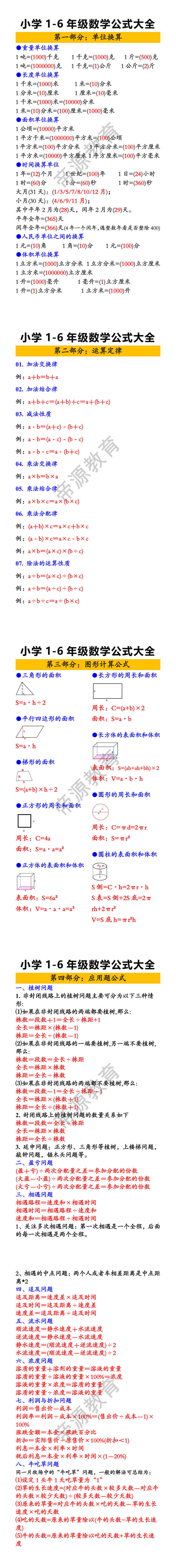 小学1-6年级数学公式大全
