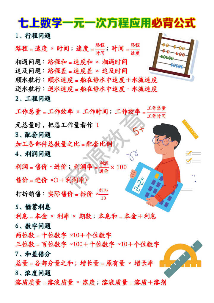 七上数学一元一次方程应用必背公式