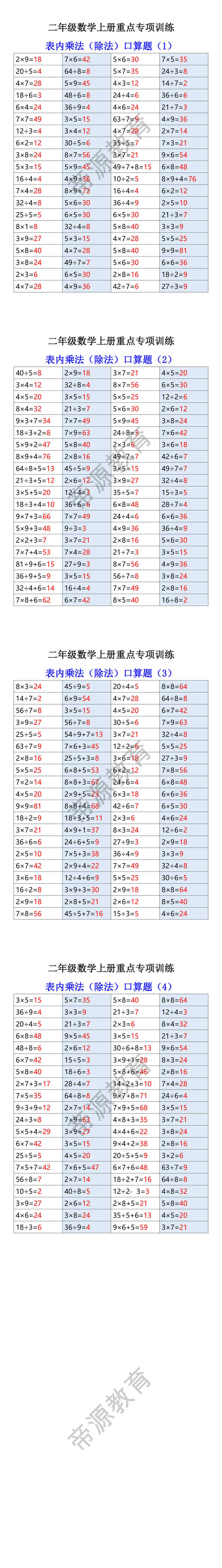 二年级数学上册重点专项训练 表内乘法（除法）口算题（1）