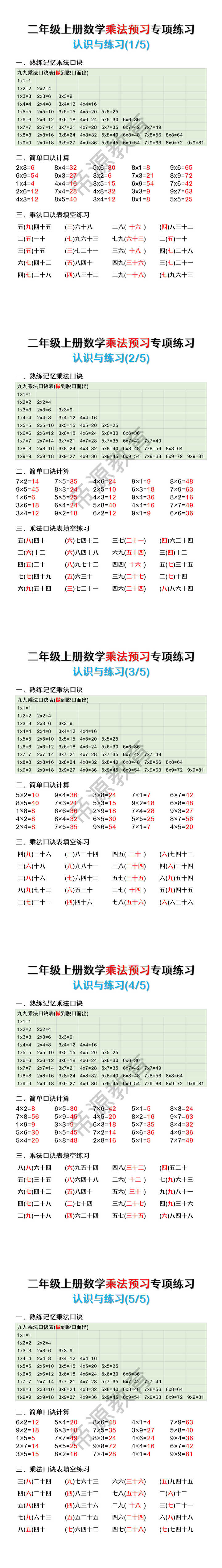 二年级上册数学乘法预习专项练习