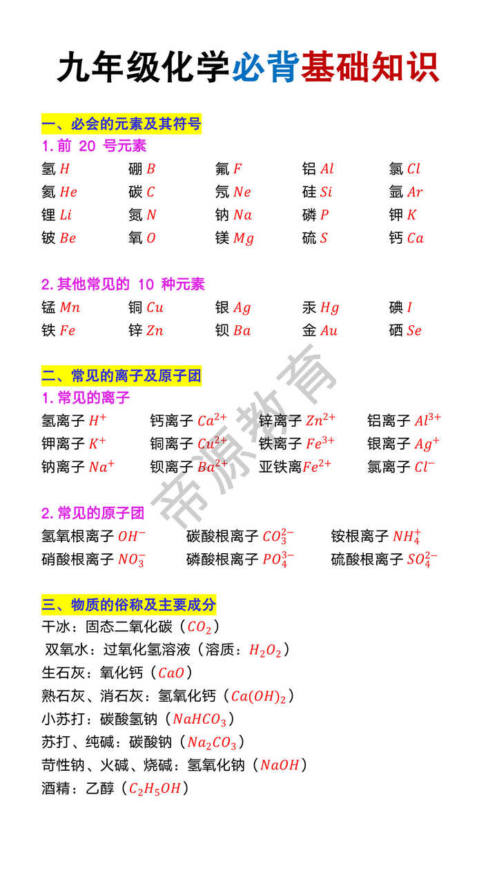 九年级化学必背基础知识