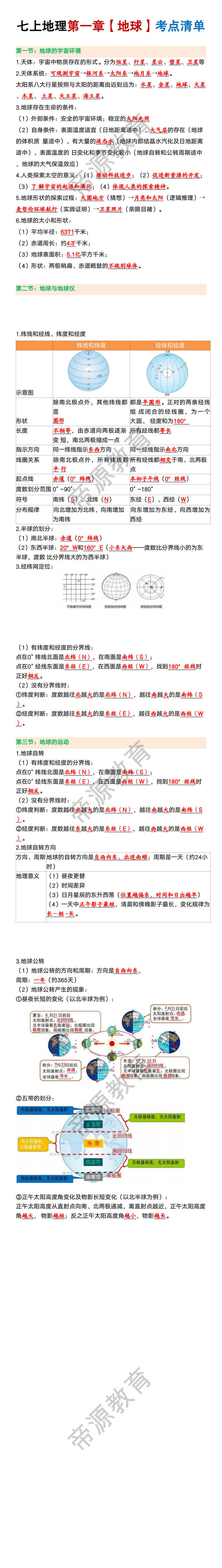 七年级上册地理第一章【地球】考点清单