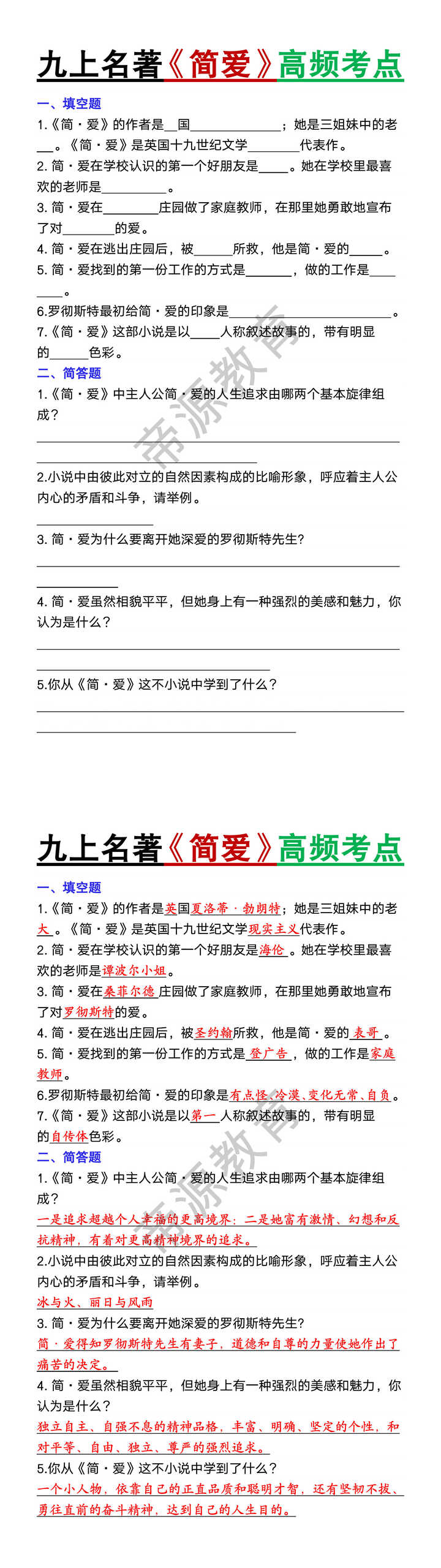 九年级上册语文必读名著《简爱》高频考点