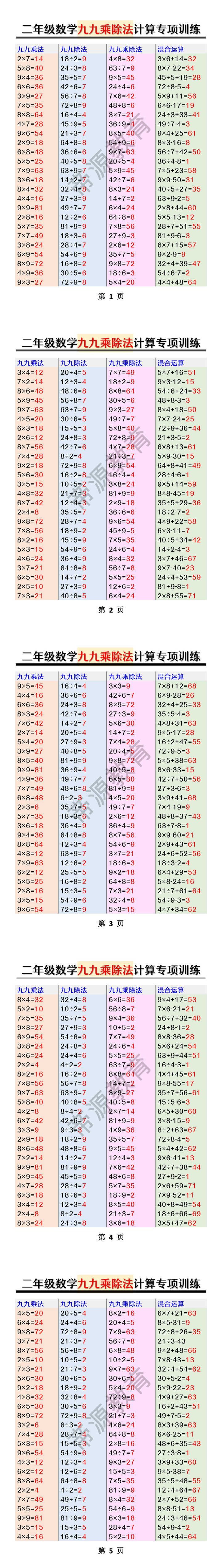 二年级数学九九乘除法计算专项训练