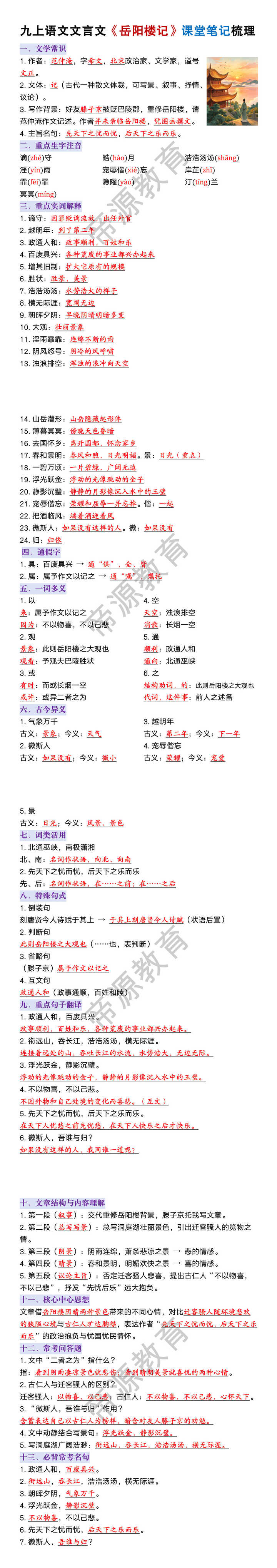 九年级上册语文文言文《岳阳楼记》课堂笔记梳理