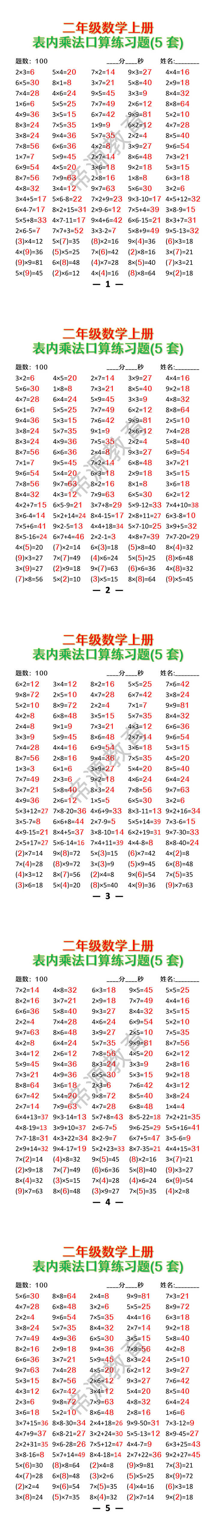 二年级数学上册表内乘法口算练习题