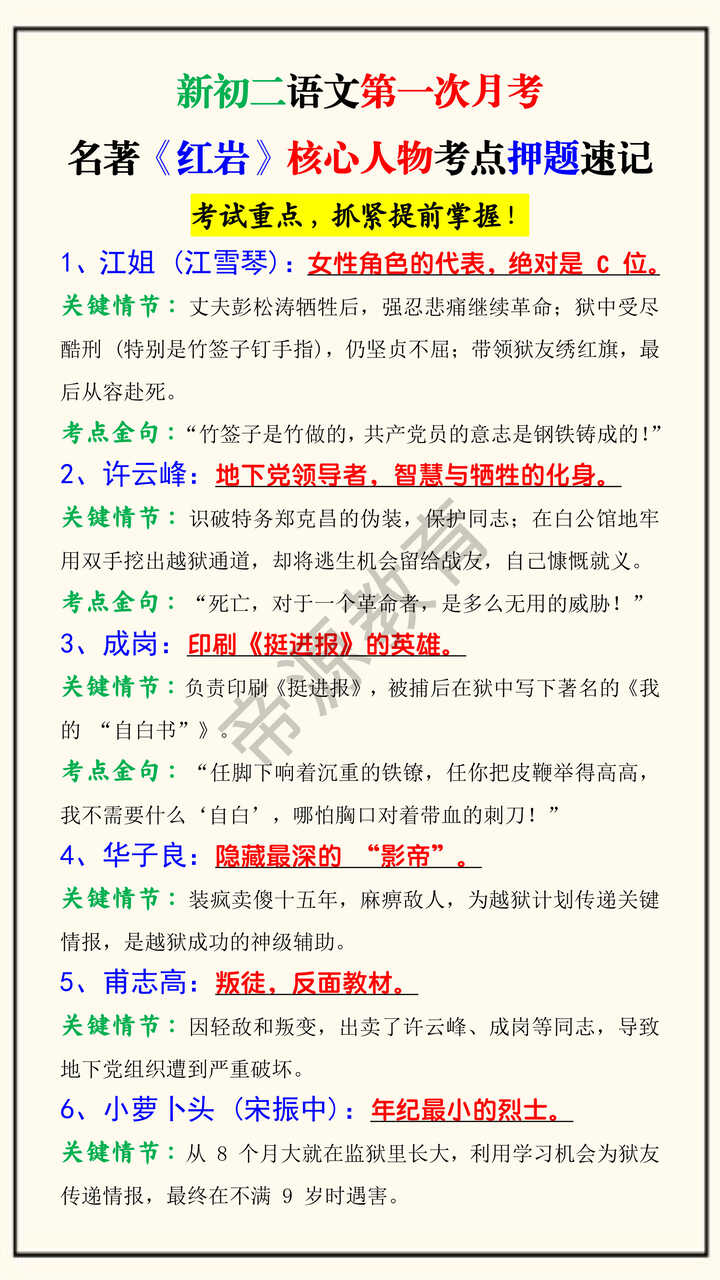 新初二语文第一次月考名著《红岩》核心人物考点押题速记