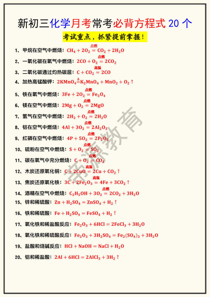 新初三化学月考常考必背方程式20个