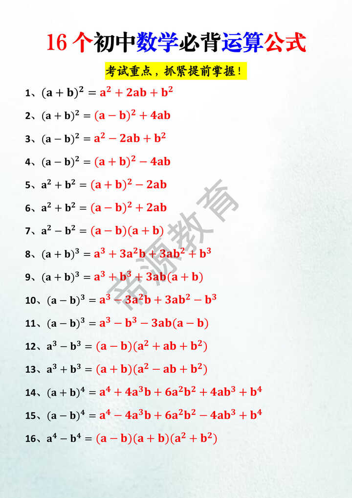 16个初中数学必背运算公式