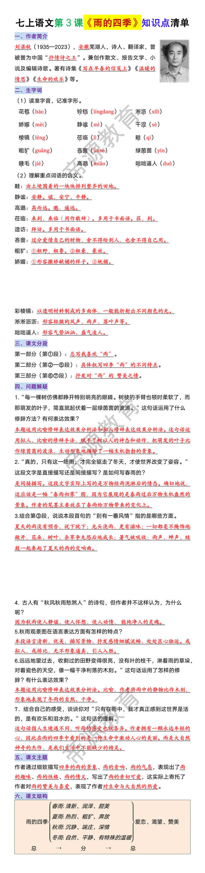 七年级上册语文第3课《雨的四季》知识点清单
