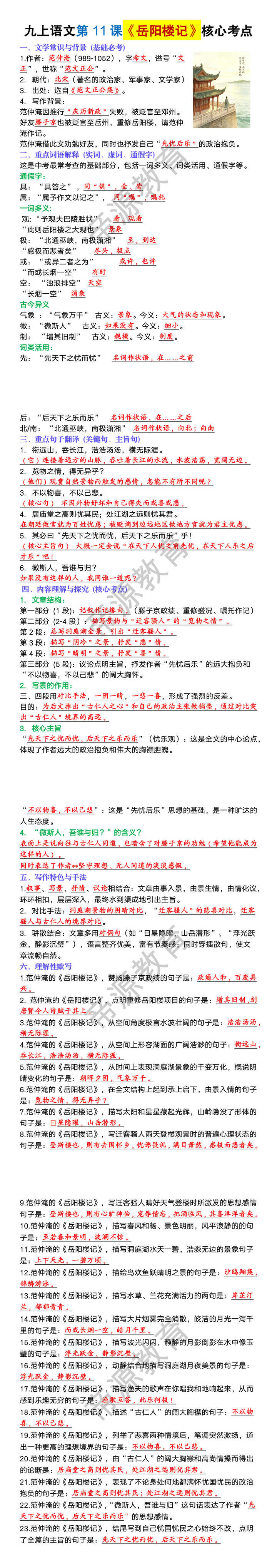 九年级上册语文第11课《岳阳楼记》核心考点