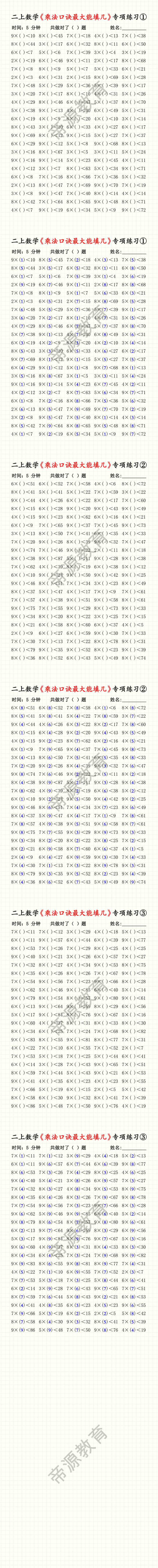 二上数学《乘法口诀最大能填几》专项练习