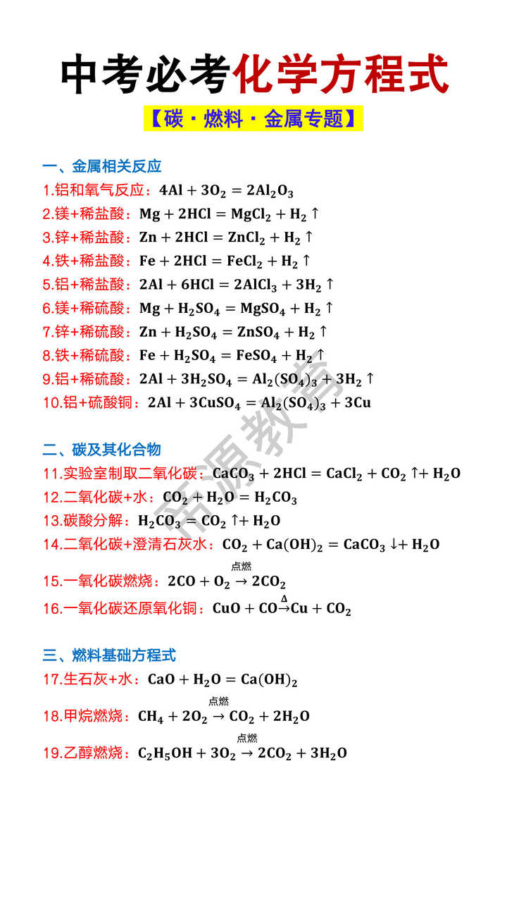 中考必考化学方程式