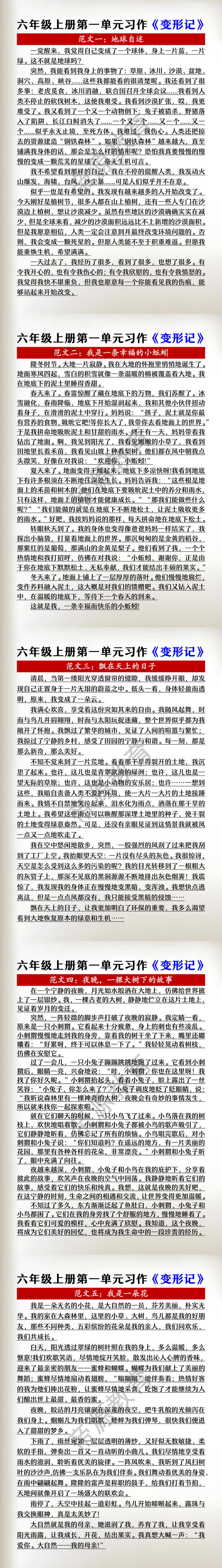 六年级上册第一单元习作优秀范文 六年级上册第一单元习作优秀范文