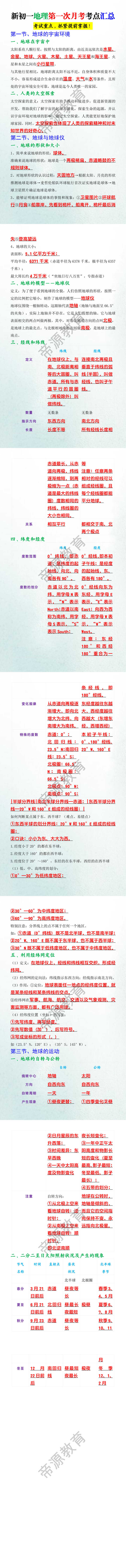 新初一地理第一次月考考点汇总
