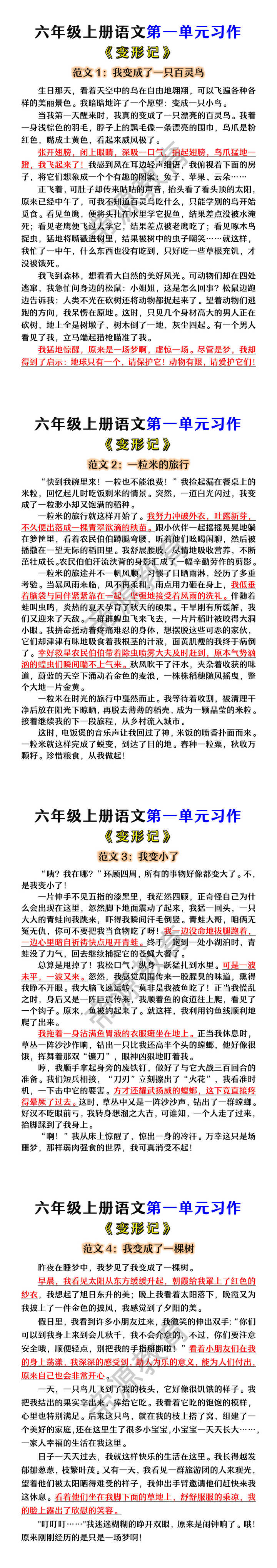 六年级上册语文第一单元习作范文